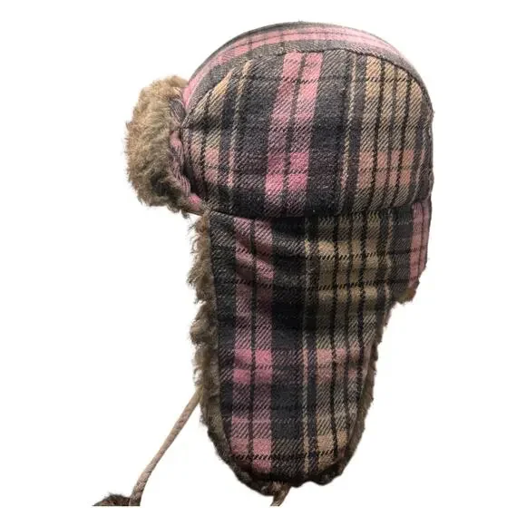 Pink Plaid Faux Fur Trapper Hat Ear Flap Pom Pom Cozy Winter Y2K - Picture 5 of 5